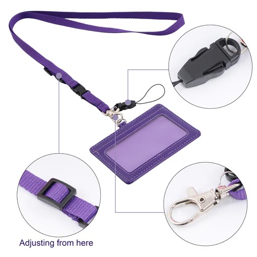 YOUOWO 2 Pack ID Badge Holders with Purple Lanyards Office Neck Strings Strap Grey Lanyard with Horizontal Heavy Duty ID Holder PVC Name Tag Card