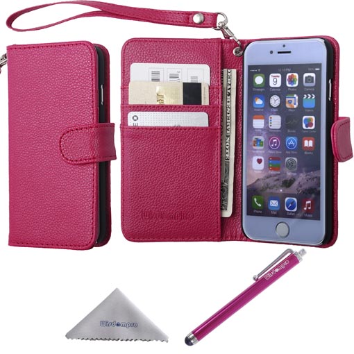andere Respectievelijk barsten iPhone 6s Wallet Case, iPhone 6 Case, Wisdompro® Premium PU Leather 2-in-1  Protective [Folio Flip Wallet] Case with Credit Card Holder/Slots and Wrist  Lanyard for Apple 4.7" iPhone 6s/6 (Hot Pink) -